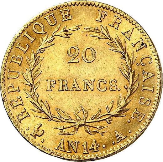 Реверс монеты - 20 франков AN 14 (1805-1806) A Париж - Франция, Наполеон I