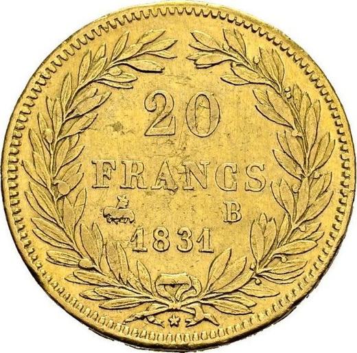 Реверс монеты - 20 франков 1831 B "Гурт вдавленный" Руан - Франция, Луи-Филипп I