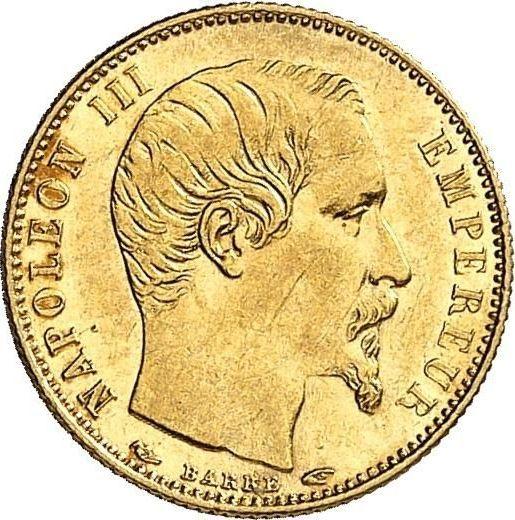 Аверс монеты - 5 франков 1854 A "Малый диаметр" Париж Гурт рубчатый - Франция, Наполеон III